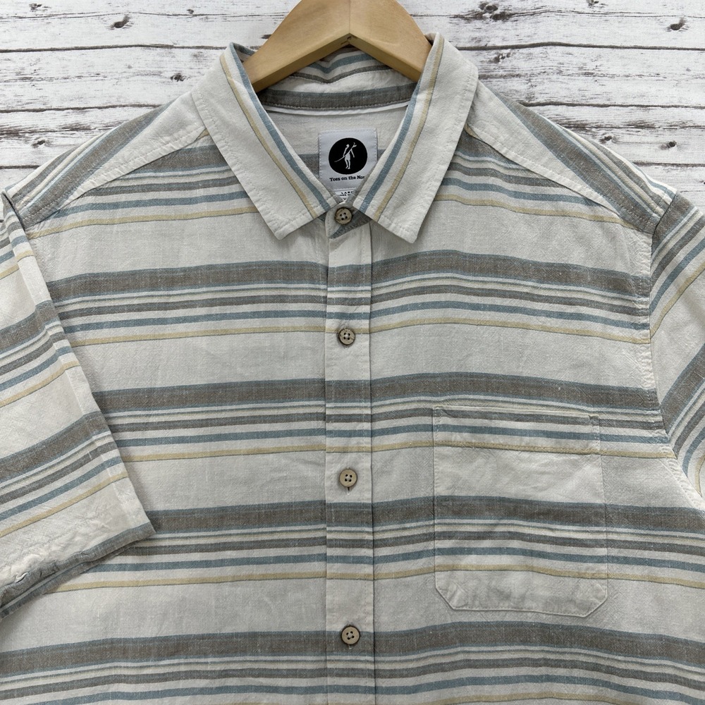 Toes on the Nose Mens Large Striped Button Up Shirt Linen Blend Casual